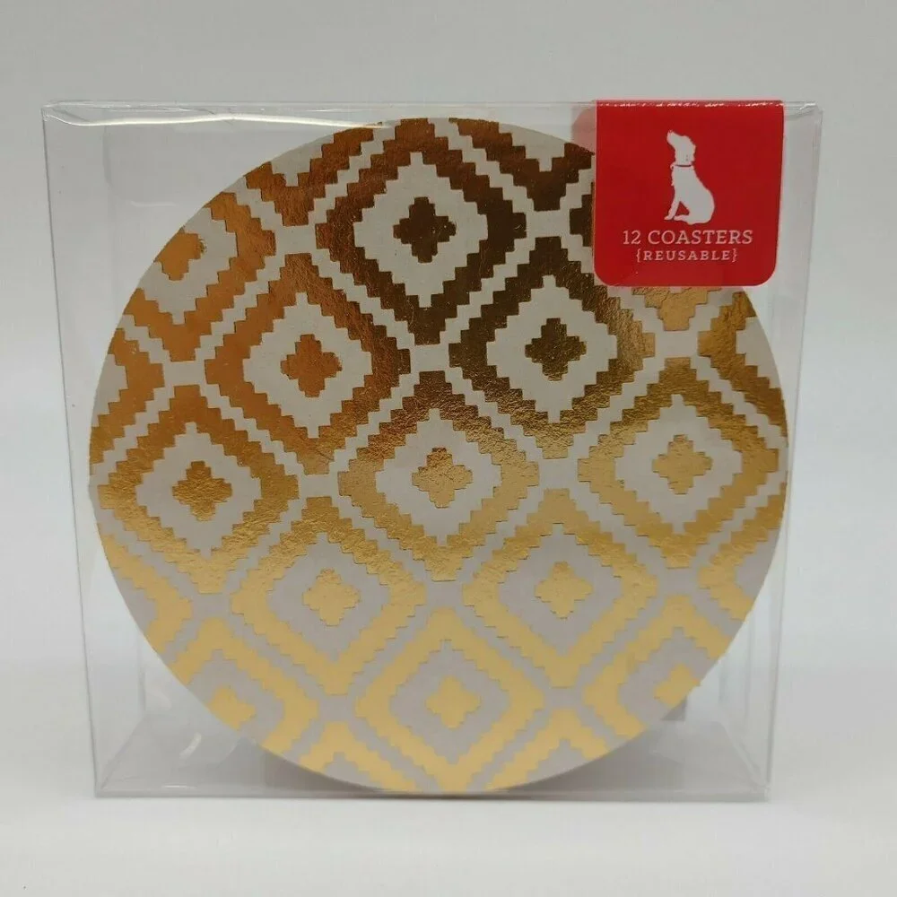 Reyn Paper Co 12 Reusable Golden Coasters Set Heavy Weight Paper Board Gold Foil